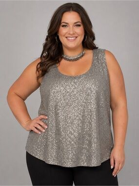 PENNINGTONS Sleeveless Silver Sequin Tank Top, Wave Pattern Back 1X